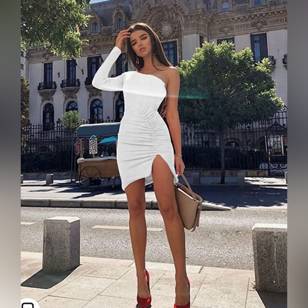 One Shoulder Long Sleeve Cocktail Party Split Mini Dress